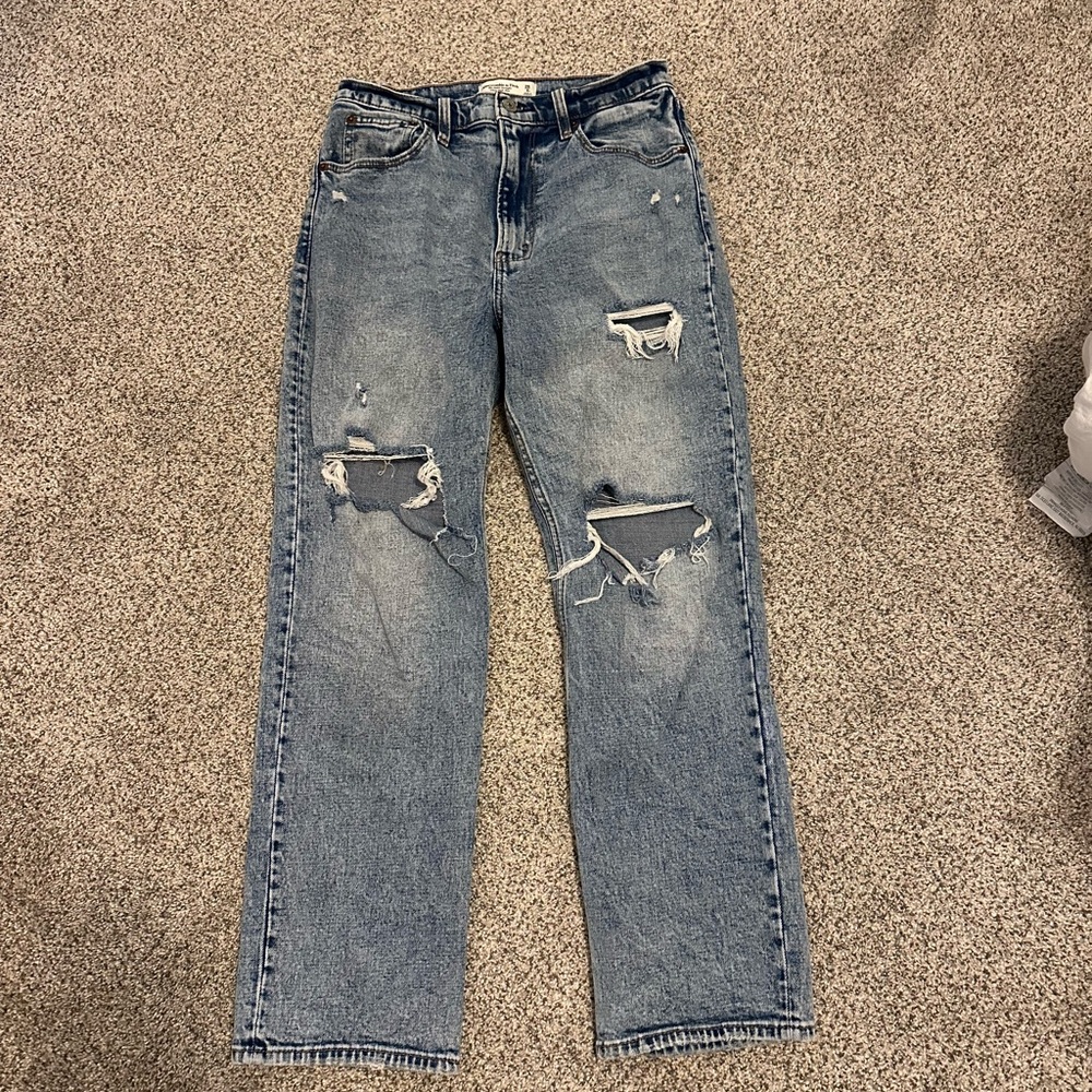 Abercrombie & Fitch Blue Straight-Leg Jeans with Distressed Details